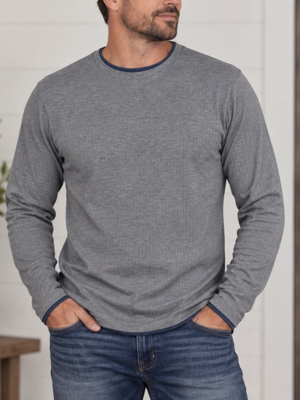 R2 Randy Long Sleeve Shirt Mens Size Medium Blue Base Layer Casual Contrast